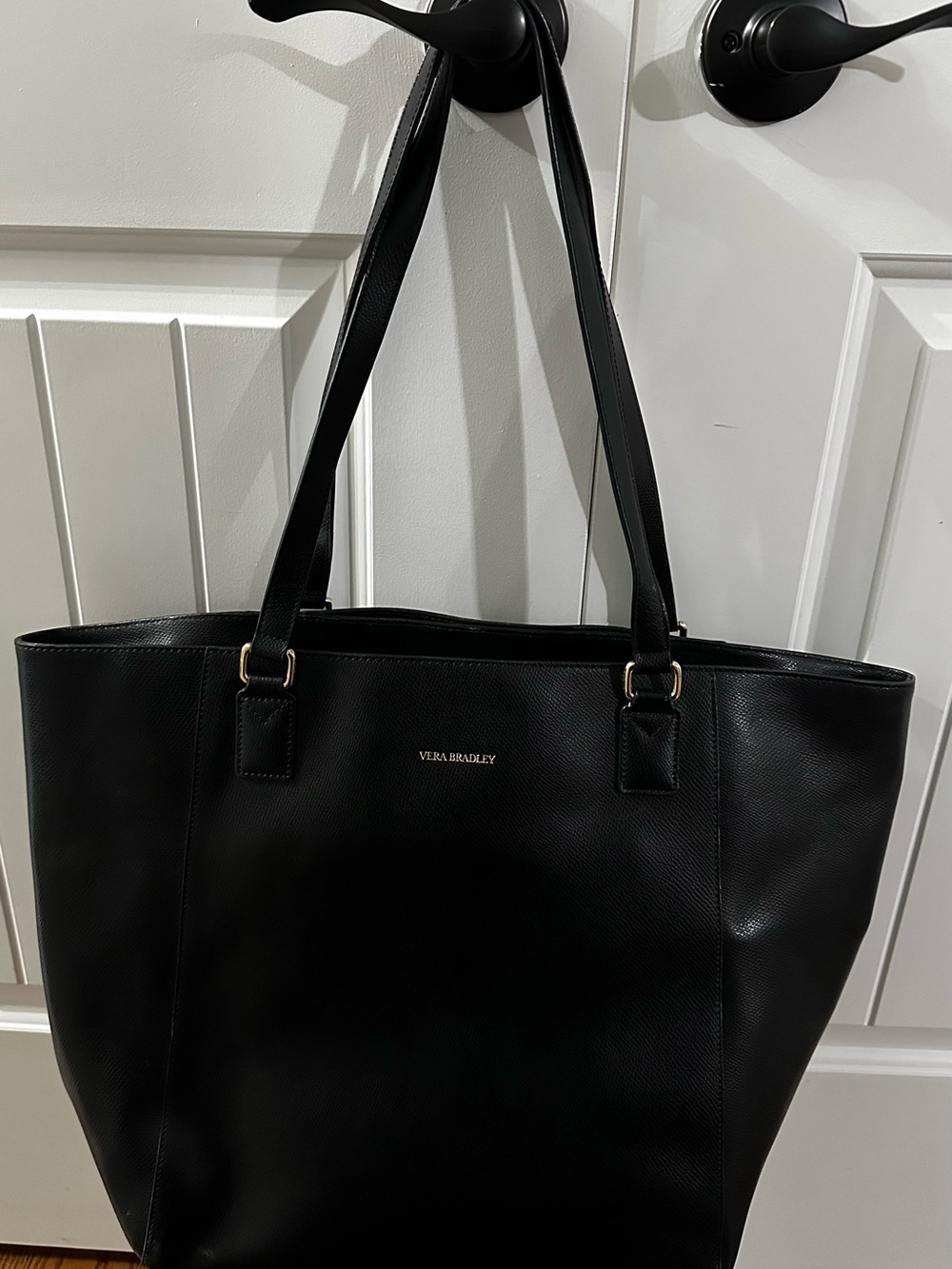 Vera Bradley Black Pebbled Leather Shoulder Tote with Gold Hardware